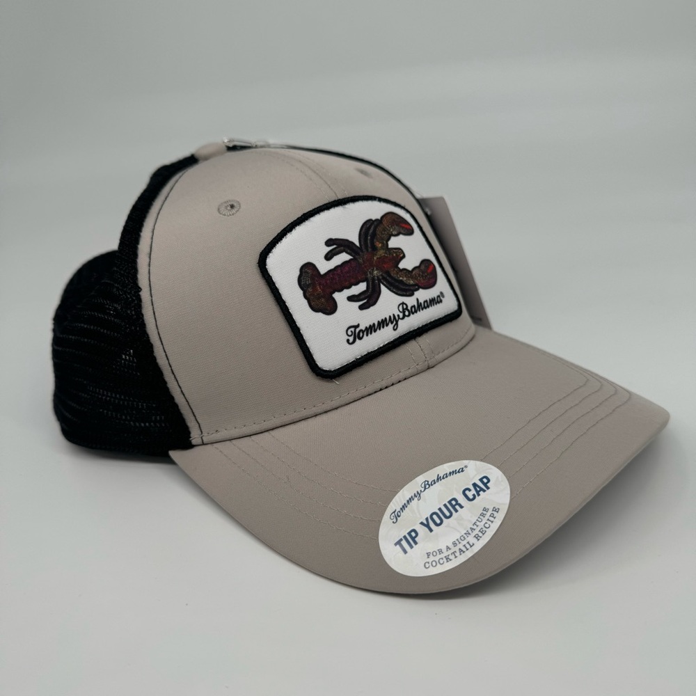 Tommy Bahama Men’s “Tip Your Cap” Lobster Patch Snapback Trucker Hat Khaki Black